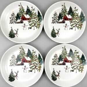 Pottery Barn Christmas in the Country Salad Plates Set 4 Cabin Deer Snowman